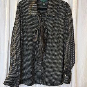 Ralph Lauren 100% Silk Black and White Geometric Tie-Neck Button-Down Blouse